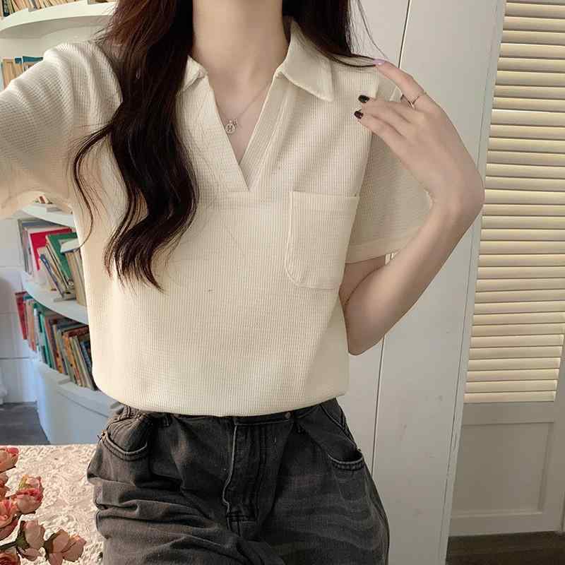 トップス レディース 韓国 カジュアル シンプル ポロ カラー ワッフル 半袖 Tシャツ 女性 夏 Vネック 小さい ポケット