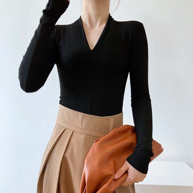 トップス シャツ レディース タイト スタイリッシュ 女性用 黒 魅惑的 プルオーバー 長袖 Tシャツ タイト スタイリッシュ 伸縮性 Vネック 春秋冬 スリム インナー レイヤリング