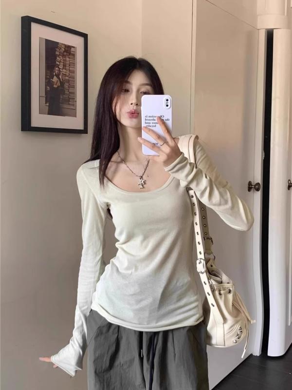 トップス シャツ レディース タイト スタイリッシュ 女性 ガール U ネック 薄手 長袖 Tシャツ スリムフィット ローネック レイヤリング 秋冬