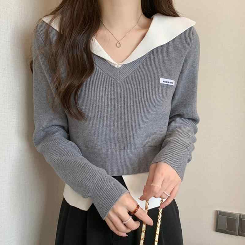 V-Neck - トップス レディース スタイリッシュ ガール カレッジ フェイク ツーピース Vネック 韓国 セーター 女性 秋冬 長袖 スリット ショート カジュアル
