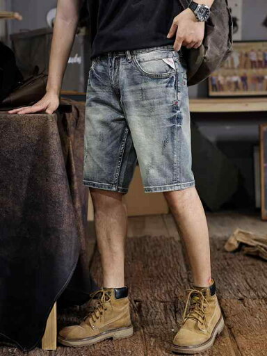 パンツ デニムパンツ メンズ 夏用 薄手 ストレート デニム ショート アメリカン レトロ ウォッシュ リップド 丈 カジュアル ミッド パンツ デニムパンツ メンズ 夏用 薄手 ストレート デニム ショート アメリカン レトロ ウォッシュ リップド 丈 カジュアル ミッド