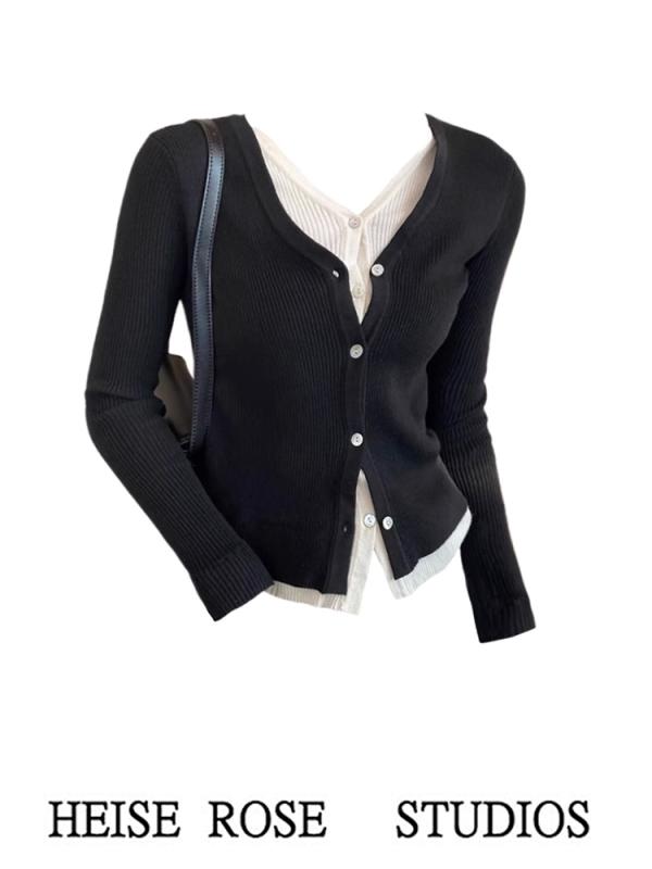 トップス レディース ファッション ガーリー 大人かわいい 初秋 スリムフィット フェイク ツーピース Vネック ニット カーディガンジャケット 女性用