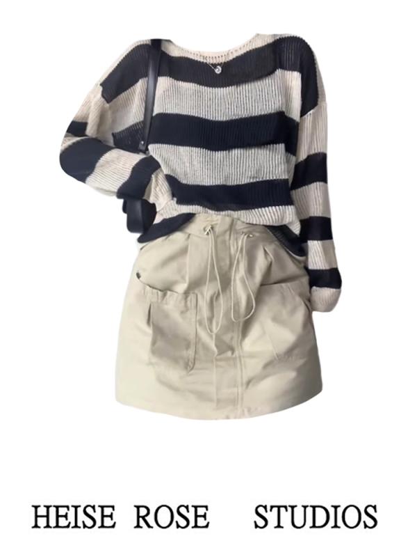 Rakuten - スカート レディース ファッション ガーリー 大人かわいい ストライプ コントラスト 薄手 長袖 ブラウス ハイウエスト 作業着 ツーピース スーツ 女性 春秋
