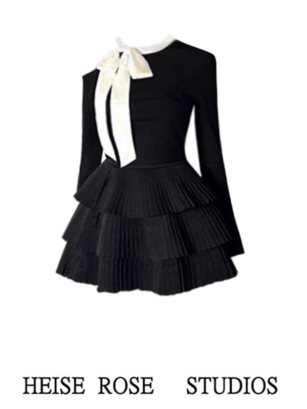 トップス スカート レディース ファッション ガーリー 大人かわいい 女性用 ブラック オフショルダー ショート スリムフィット 蝶 ネクタイ 長袖 セーター ツーピース