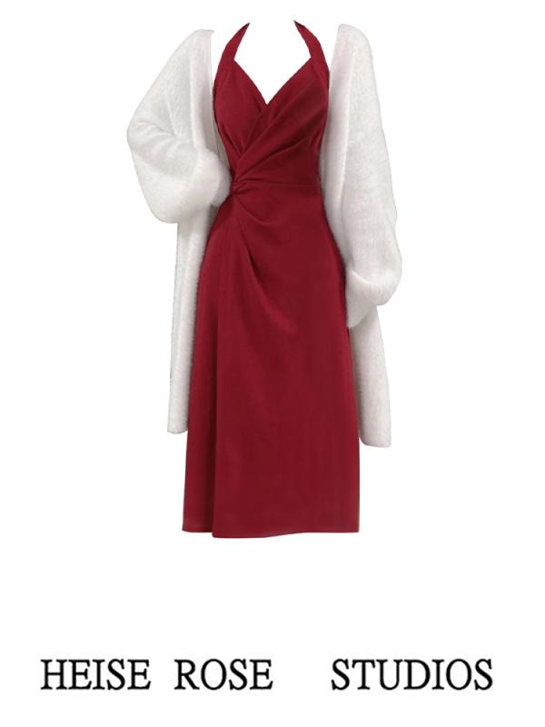 ドレス レディース ファッション ガーリー 大人かわいい 中華風 レトロ 赤 ホルターネック 女性 春秋 ニット セーター 深い 冬服 ツーピース