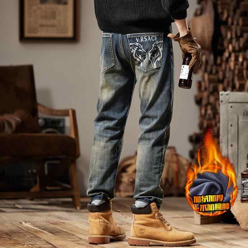 Pants - デニムパンツ メンズ 冬 古風 黄色 泥 染め ストレート 厚手 ズボン 秋冬 男性用 アメリカン レトロ ベルベット ジーンズ