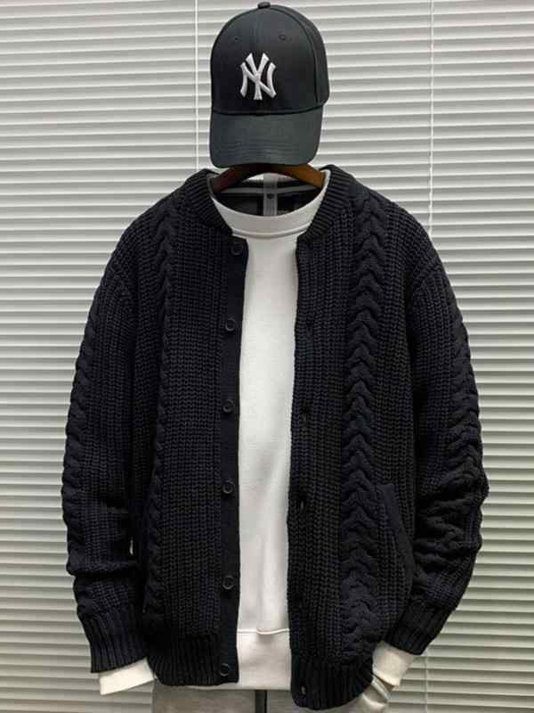 トップス ジャケット メンズ レトロ ソリッドカラーラウンドネック カーディガン セーター 男性用 秋冬..