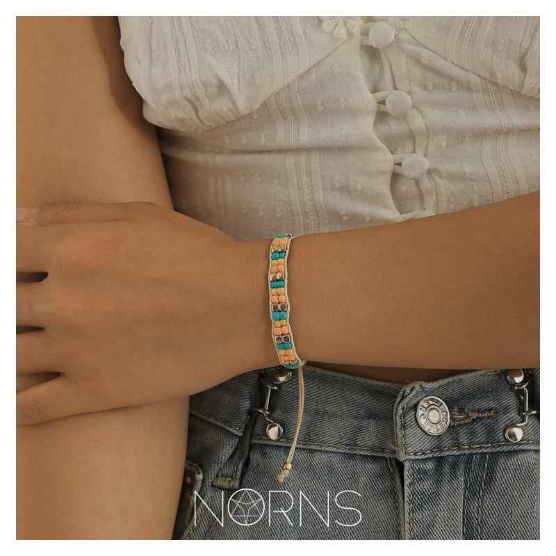 ブレスレット レディース モロッコ エスニック カラフル ライス ビーズ 麻 ロープ ワックス ロープ 調整可能 ビーズ ラッキー トーテム