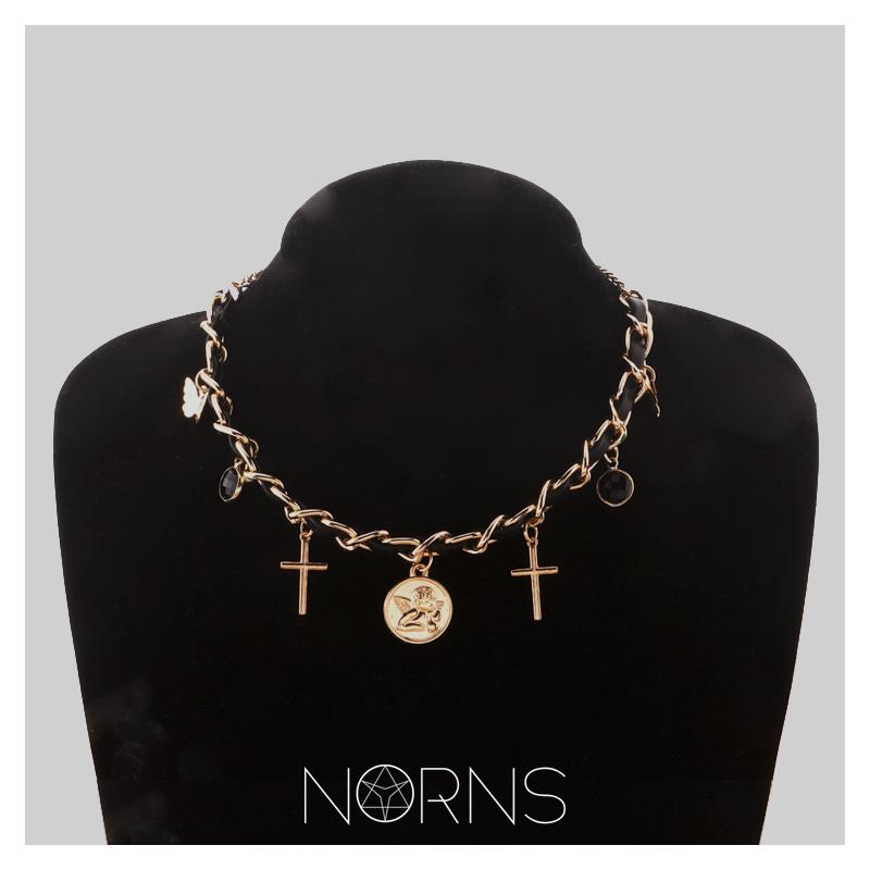 ネックレス レディース おしゃれ 普段使い アクセサリー 韓国 ロック PU レザー マルチ クロスエンジェル ディスク 宝石 太い チェーン レザー 鎖骨 チェーン