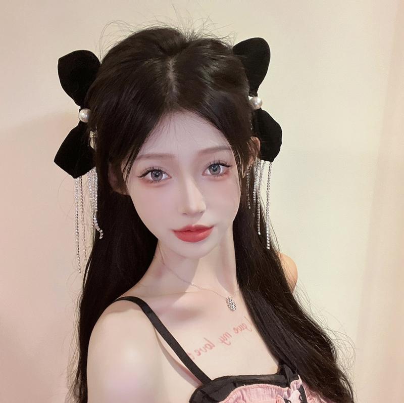 レディース アクセサリー パール 両面 ブラックベルベット リボン ヘアピン ダックビル クリップ ペア チェーン タッセル クリスマス用 かわいい ヘア