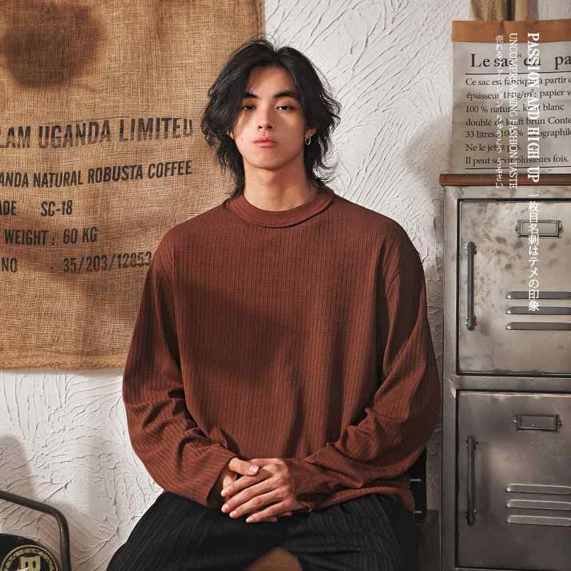 トップス シャツ メンズ 春秋 男性用 レトロ 無地 長袖 Tシャツ インナー 重ね着 ベーシック ラウンドネック レイヤリング