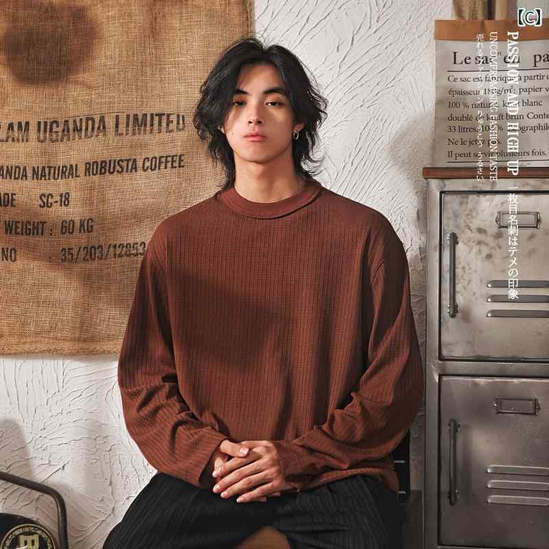 トップス シャツ メンズ 春秋 男性用 レトロ 無地 長袖 Tシャツ インナー 重ね着 ベーシック ラウンドネック レイヤリング