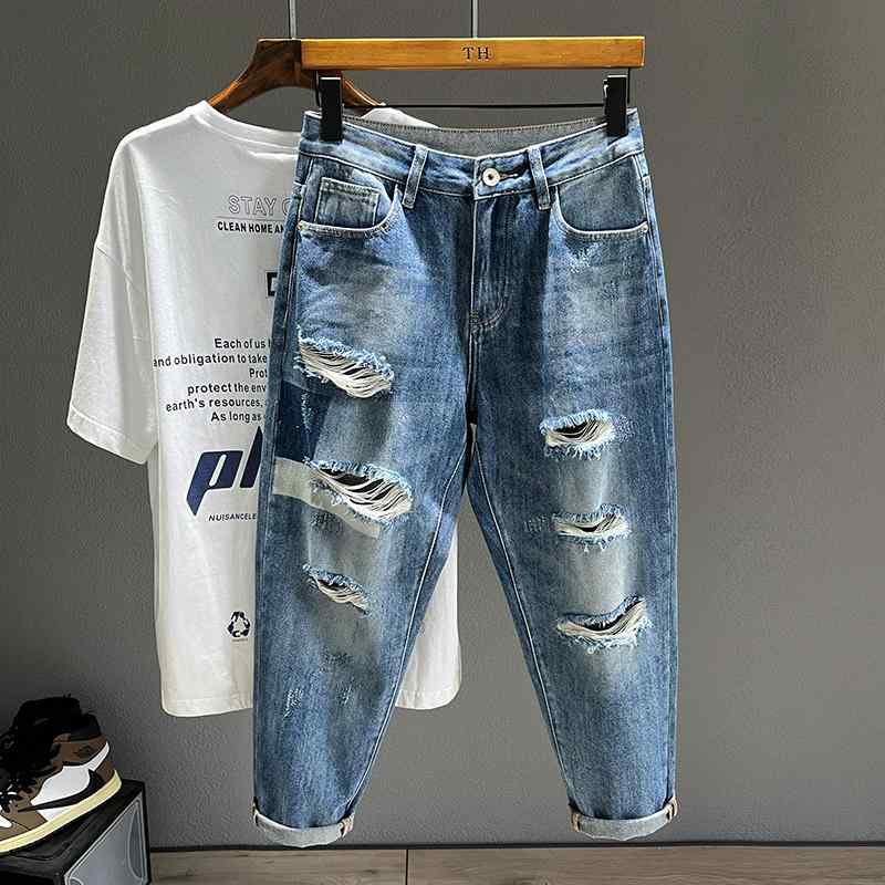 Bottoms - デニムパンツ 男性用 膝 複数 穴 夏 ジーンズ スクラッチ ストレート 九分丈 古風 多目的 ストレッチ パッチ