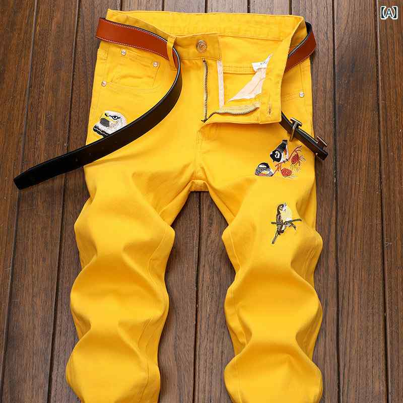 パンツ デニムパンツ カジュアル おしゃれ スタイリッシュ メンズ ジーンズ 春秋 黄色 赤 カジュアル ハイエンド 刺繍 花 個性