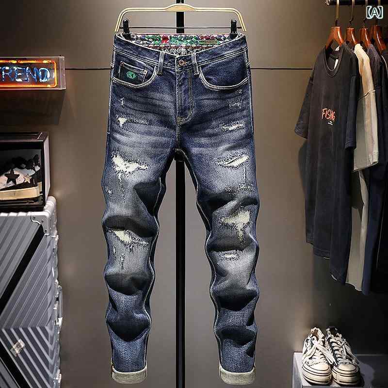 デニムパンツ メンズ カジュアル おしゃれ 長ズボン 高級感 リップド ジーンズ スクラッチ スリムフィット 韓国 スキニー ストレッチパンツ 古風