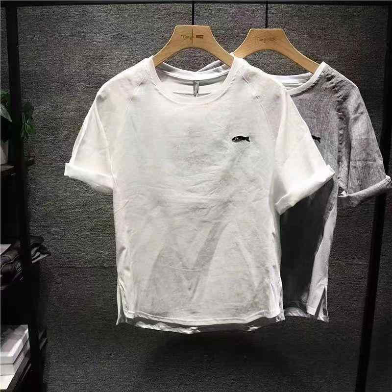 トップス シャツ Tシャツ メンズ カジュアル シンプル スリムフィット サメ小 刺繍 夏 快適 ラウンドネック 半袖