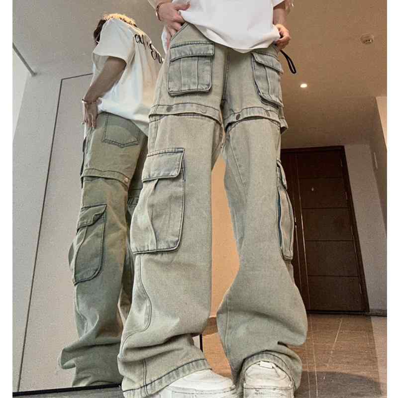 パンツ デニム メンズ 取り外し 可能 アメリカン ワーク ジーンズ 秋 レトロ ストリート ストレート