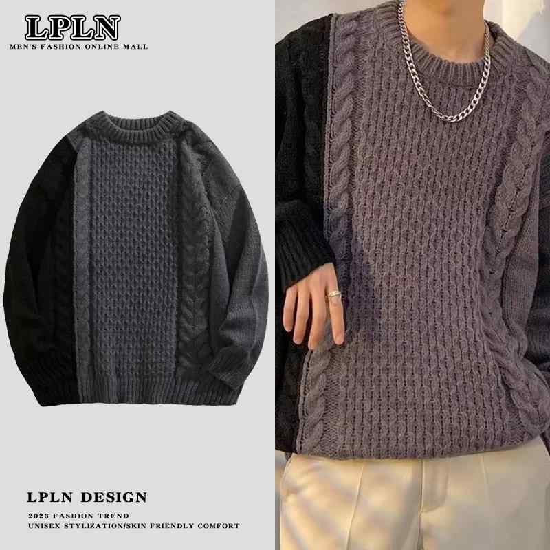 Knit Sweater - トップス メンズ セーター ゆったり 大きいサイズ ストリート おしゃれ ラウンドネックプルオーバー セーター 秋冬 暖かい スプライシング カジュアル セーター