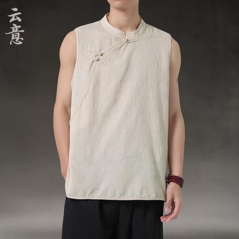 メンズ ファッション 中華風 夏 ベスト 綿 ディスク ボタン 唐装 レトロ 韓服 ベスト スタンドカラー ノースリーブ チョッキ