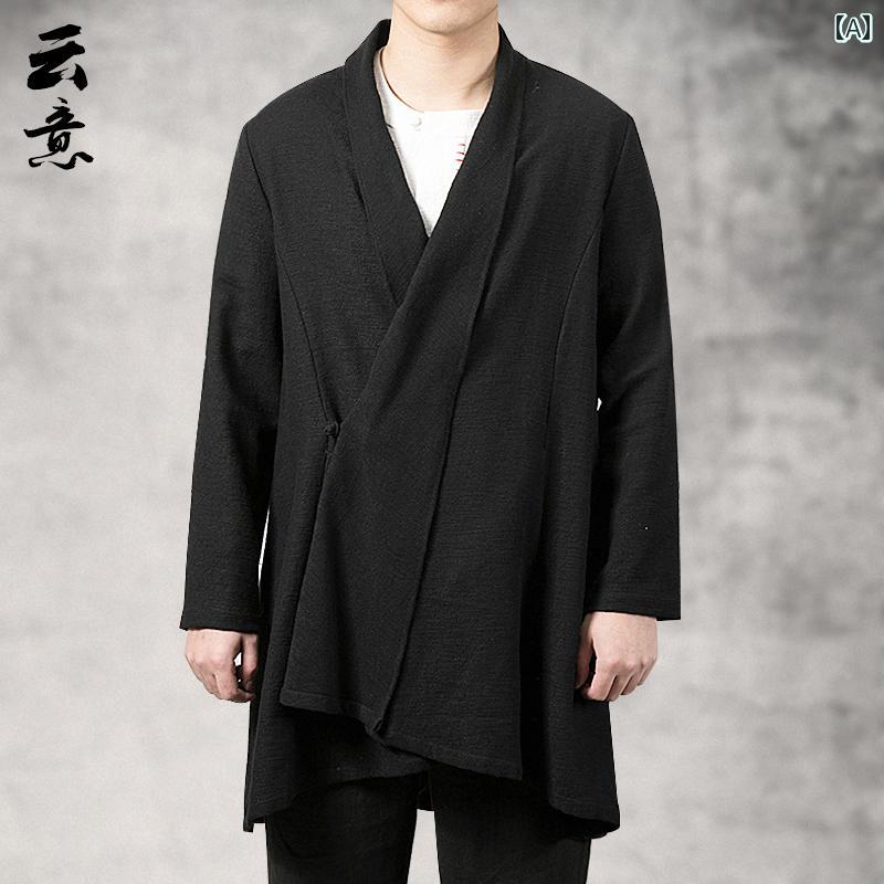 トップス ジャケット メンズ 秋 リネン 中国 カーディガン レトロ 唐 スーツ 綿 リネン ミドル丈 ウインドブレーカー 中華風 瞑想 漢服
