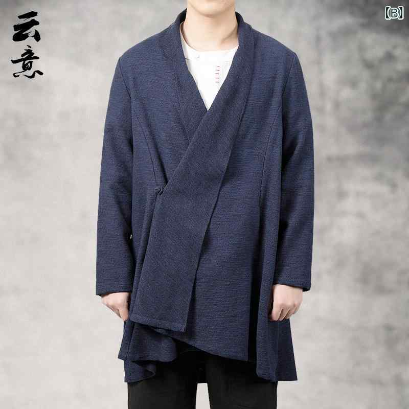 トップス ジャケット メンズ 秋 リネン 中国 カーディガン レトロ 唐 スーツ 綿 リネン ミドル丈 ウインドブレーカー 中華風 瞑想 漢服