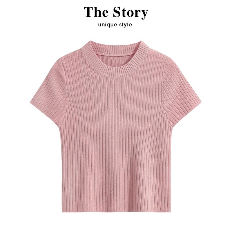 トップス レディース ファッション カジュアル 普段使い 夏 ユニーク スリムフィット 短い ラウンドネック ニット 半袖 女性用 T