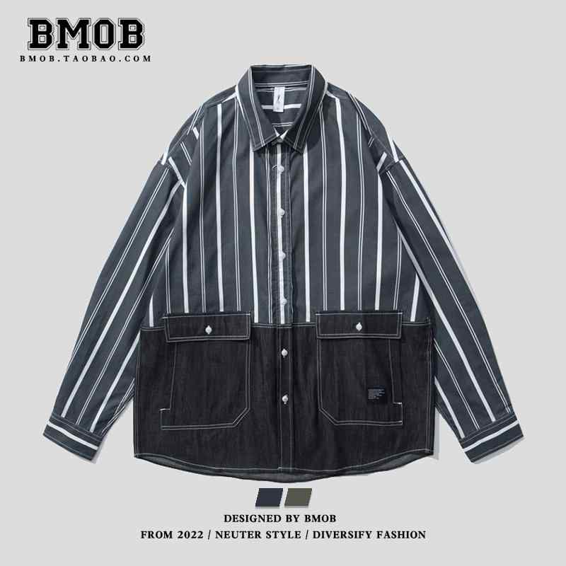 トップス シャツ ジャケット デニムシャツ メンズ カジュアル おしゃれ 秋 ストライプ スプライシング 長袖