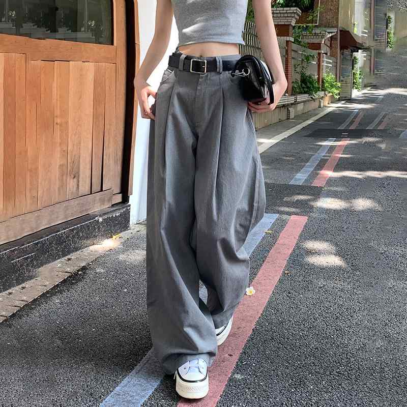 パンツ レディース ボトムス ズボン スタイリッシュ レトロ グレー カジュアル 女性 春 プリーツ ハイウエスト ワイド レッグスリム ド..