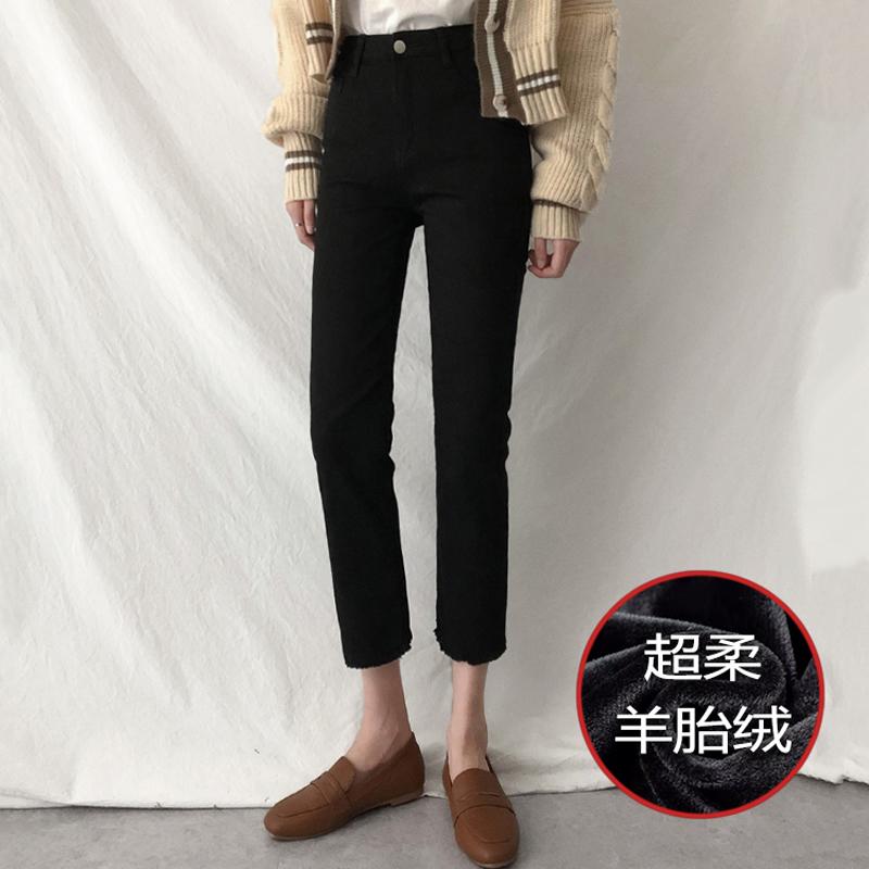 樂天商城 - パンツ デニム レディース 黒 ストレート ジーンズ 女性 春 ホット 厚手 スリムフィット タバコ 薄手 ベルベット 九分丈
