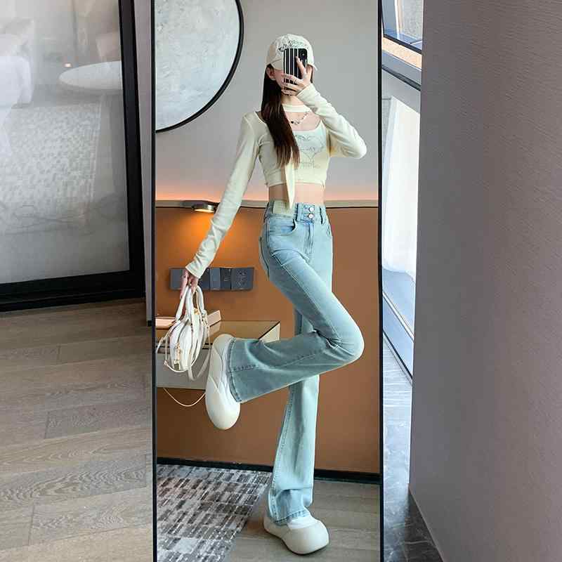 Bell Bottom Jeans - パンツ デニム レディース ライト ブルー レトロ ブーツ カット ジーンズ 女性 春 ハイウエスト 弾性 スリム 多目的 ベルボトム