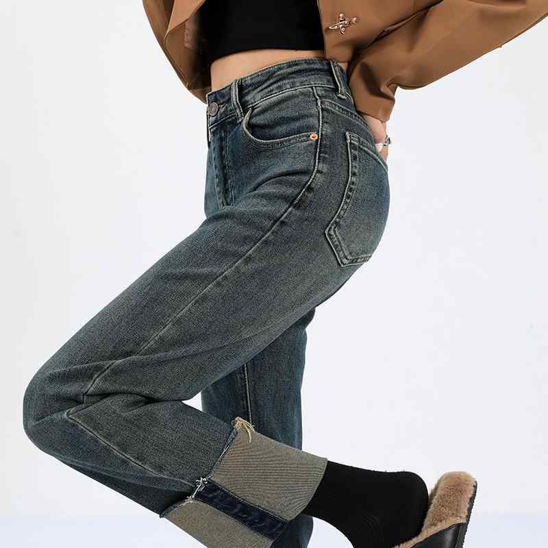 デニムパンツ レディース スタイリッシュ 春 女性用 ストレート ジーンズ 汎用性 高さ 折り返し ハイウエスト ゆったり スリム シガレットパンツ(4)