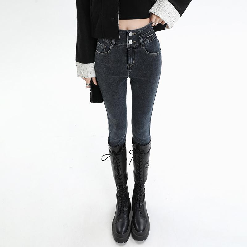 Cropped Pants - パンツ デニムパンツ レディース スタイリッシュ ブルー グレー スキニー ジーンズ 女性 秋服 レトロ ハイウエスト スリムフィット 裾細 ペンシル