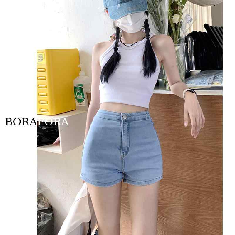 Jeans, Denim - パンツ デニムパンツ レディース スタイリッシュ ライト カラー デニムショーツ 女性 夏 ハイウエスト 弾性 スリム タイト ガールズズ ショート ホット