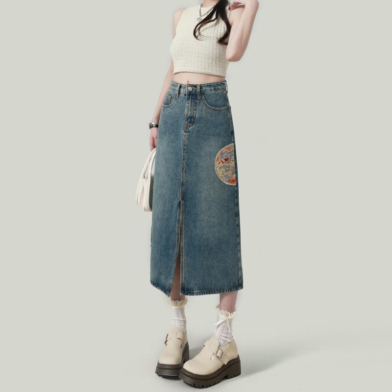 スカート デニムスカート レディース カジュアル ボトムス レトロ ブルー 女性 春 ハイウエスト 中華風 刺繍 スリット ロング