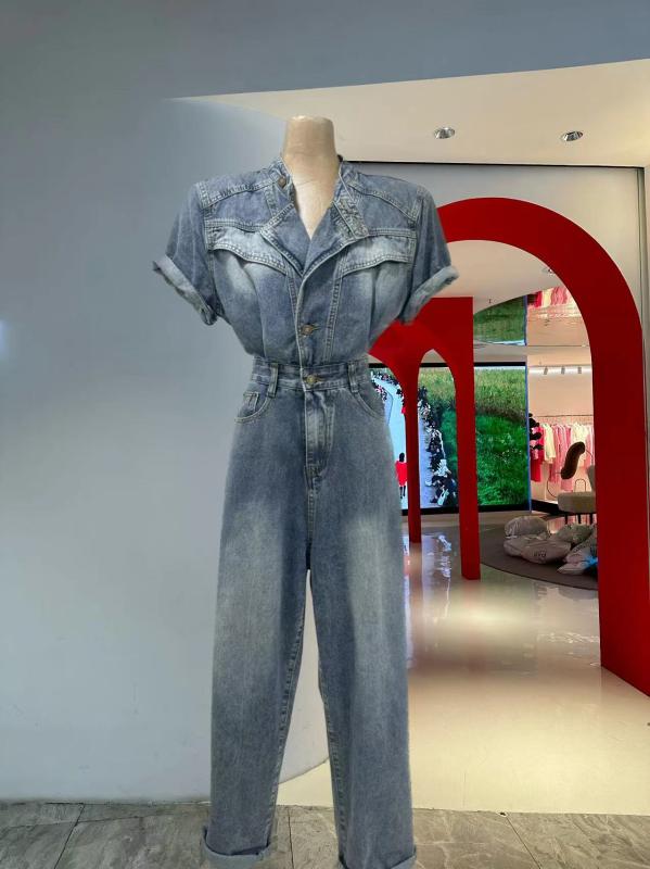 パンツ オーバーオール つぎ レディース カジュアル おしゃれ 作業着 レトロ 肩 パッド 半袖 ハイウエスト デニム ジャンプ スーツ 九分丈
