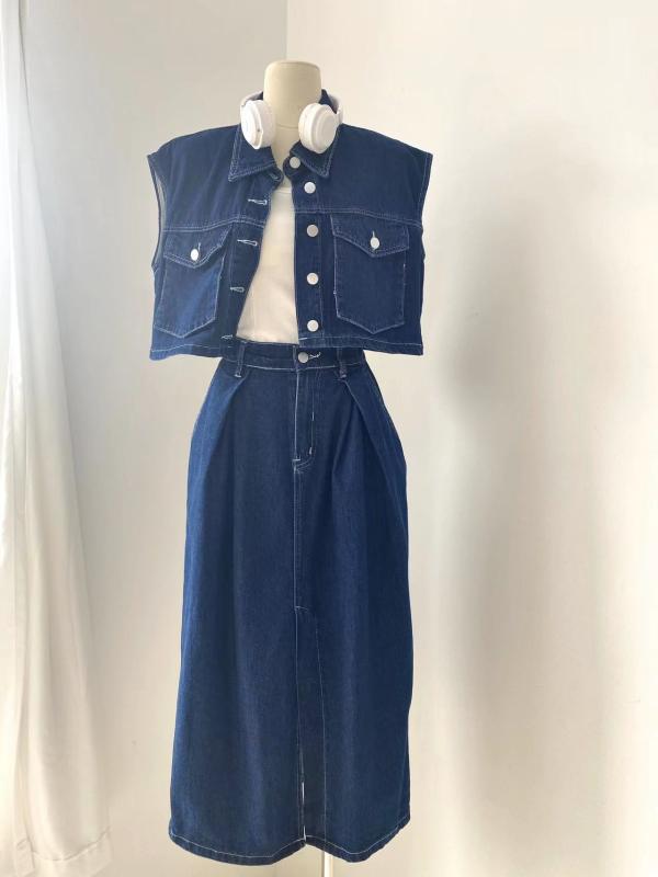 スカート レディース ファッション セットアップ 夏 アメリカ ショート ベスト + ハイウエスト ロング 芽 デニムスーツ(4)