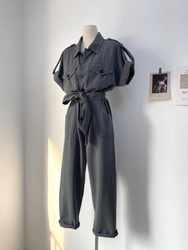 パンツ オーバーオール つぎ レディース カジュアル おしゃれ 作業着 デニム 綿 半袖 ハイウエスト スリム ソリッドカラー ジャンプ スーツ 九分丈