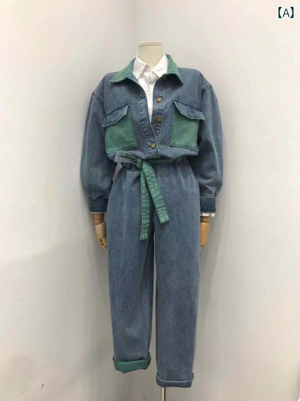 セキュアデポのパンツ オーバーオール つぎ レディース カジュアル おしゃれ 作業着 レトロ 両面 デニム ウエスト ジャンプ スーツ 九分丈｜アングル2
