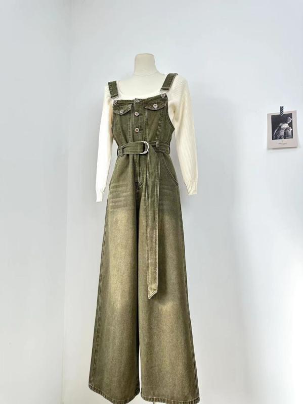 パンツ デニム レディース カジュアル レトロ 美白 加工 ダメージ 加工 ハイウエスト ウエスト 脚長 効果 デニムオーバーオール ワイド レッグ