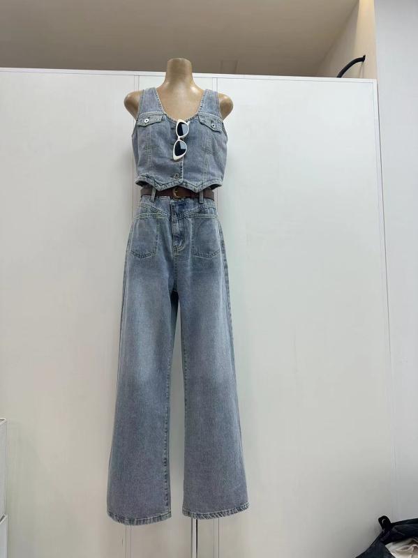 トップス パンツ レディース ファッション セットアップ レトロ インテリジェント デニム Vネックノースリーブ ベスト + ワイド レッグ スーツ(4)