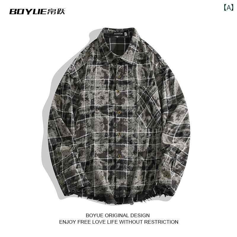 トップス シャツ ジャケット メンズ レディース タイダイ柄 チェック柄 アメリカン ストリート ダメージ 加工 ロー エッジ カップル 男女兼用