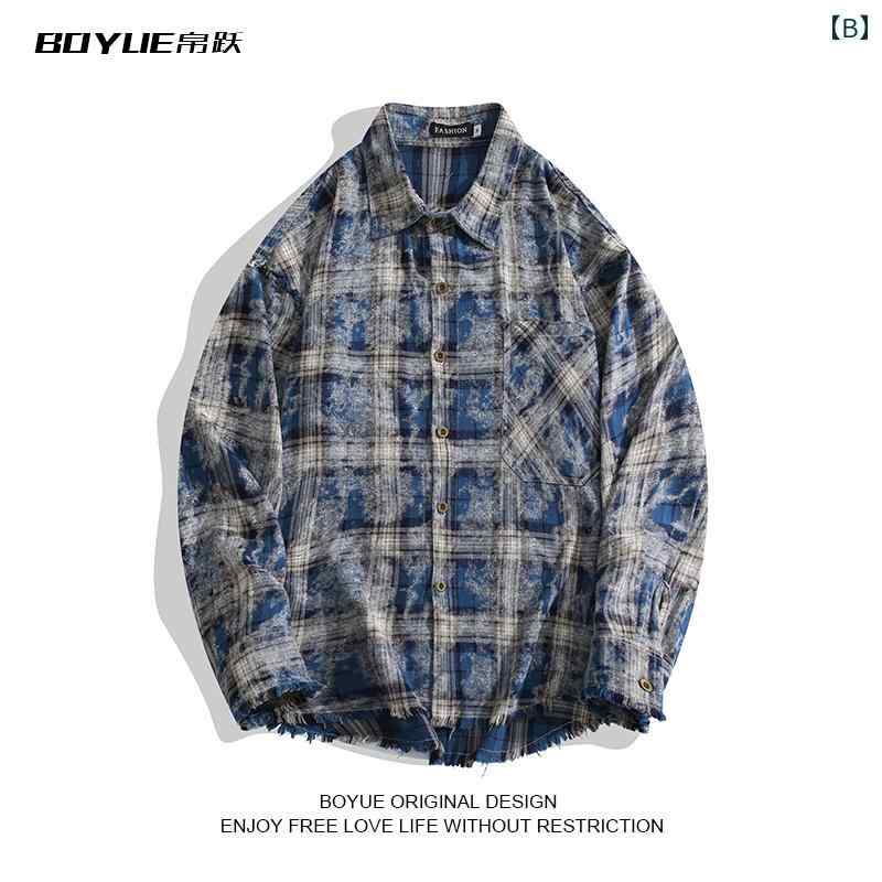 トップス シャツ ジャケット メンズ レディース タイダイ柄 チェック柄 アメリカン ストリート ダメージ 加工 ロー エッジ カップル 男女兼用