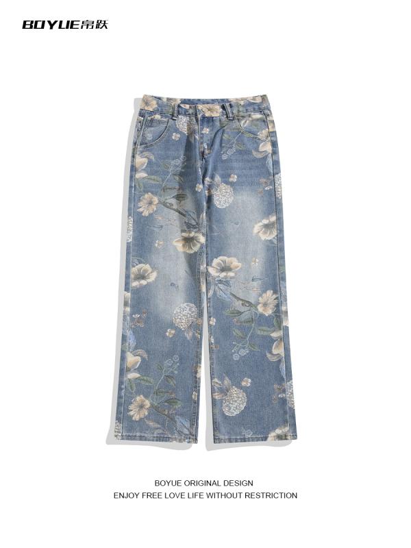 パンツ デニム メンズ アウトドア ズボン 中華風 花柄 ストレート ワイド レッグ ゆったり カップル ジーンズ 男性用