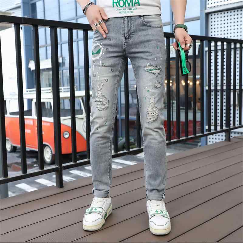 パンツ デニム メンズ 春 男性用 プリント ジーンズ 穴 パッチ ドリル 穴 スキニー カジュアル スリム..