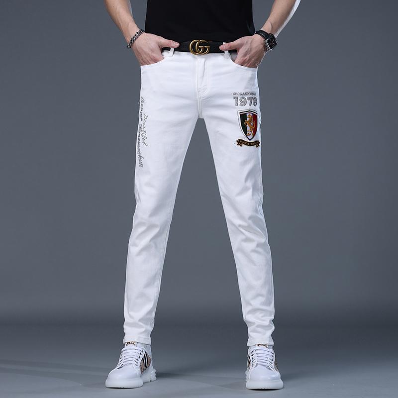 デニムパンツ メンズ 春秋 ホワイト 刺繍 ホット ジーンズ 韓国 スリム ファッション カジュアル 裾細 ズボン
