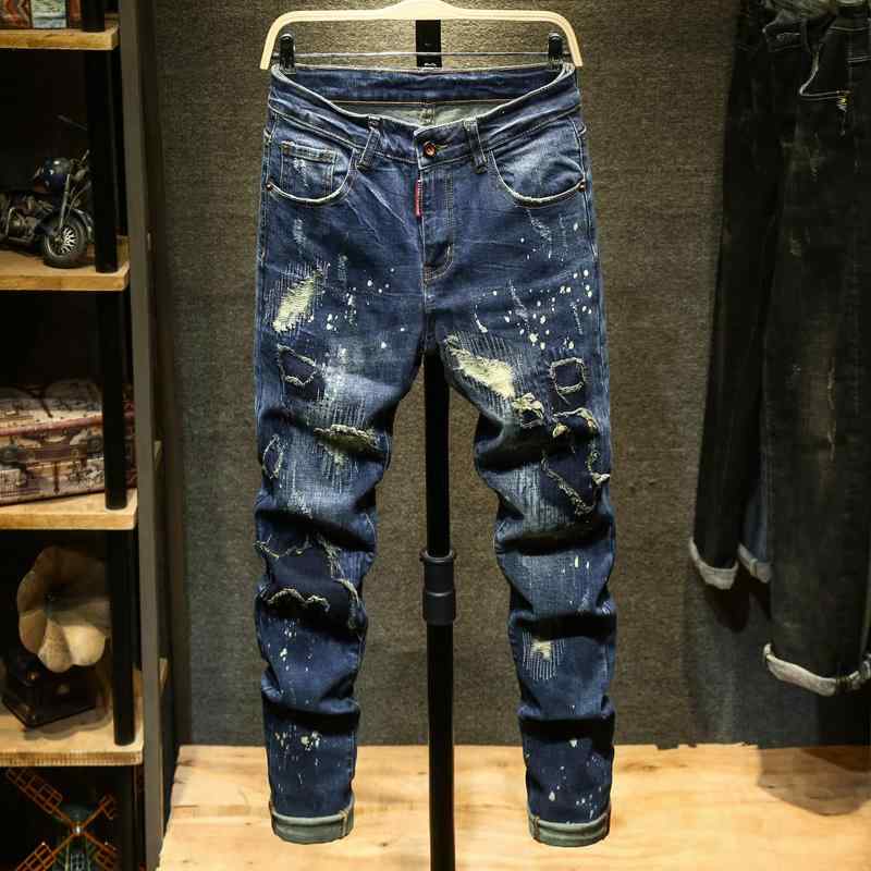 パンツ デニムパンツ カジュアル 秋 ジーンズ メンズ スリム スモール ストレート 破れ 穴 若々しい ストレッチ インクジェット 古風