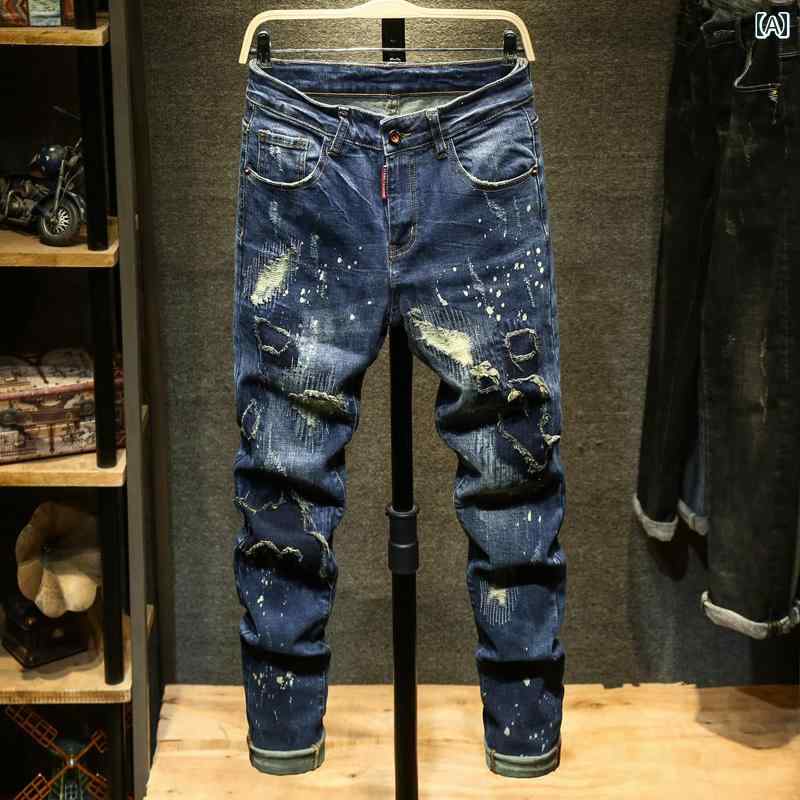 パンツ デニムパンツ カジュアル 秋 ジーンズ メンズ スリム スモール ストレート 破れ 穴 若々しい ストレッチ インクジェット 古風