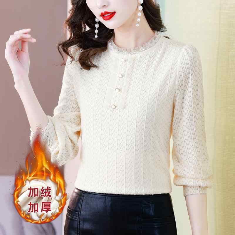 Plain - トップス シャツ レディース ファッション ブラウス マザーズ 婦人服 普段使い 秋冬 レース 長袖 レイヤリング 韓国 ベルベット 厚手 フレッシュ