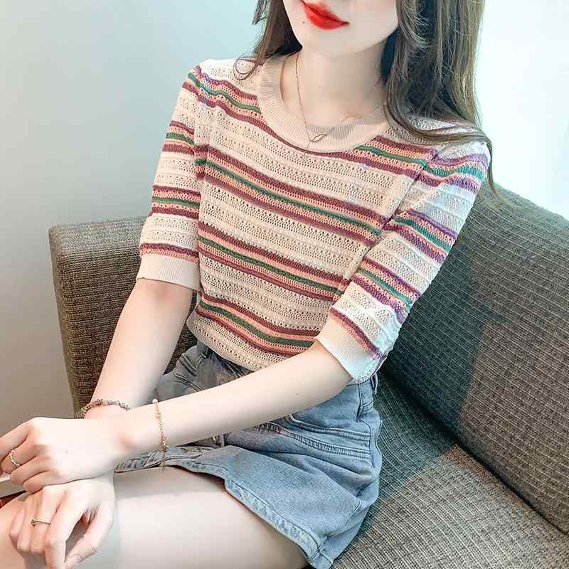 トップス シャツ レディース マザーズ 婦人服 普段使い 西洋 フレッシュ 女性 夏 マザーズ ストライプ 冷感 ニット Tシャツ 女性 小さい