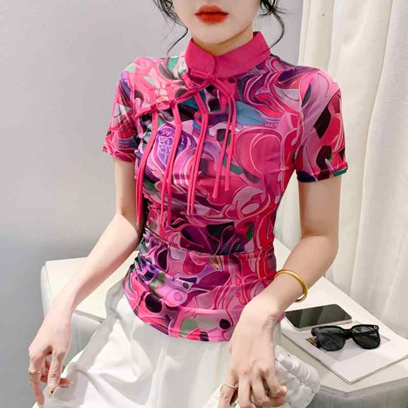 トップス シャツ レディース マザーズ 婦人服 普段使い メッシュ 中華風 ボタン スタンドカラー 半袖 プリント Tシャツ 女性 固体